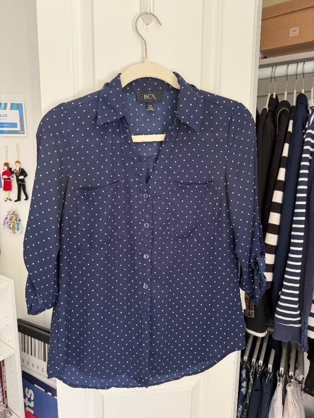 navy blue polka dot bcx shirt (XS)